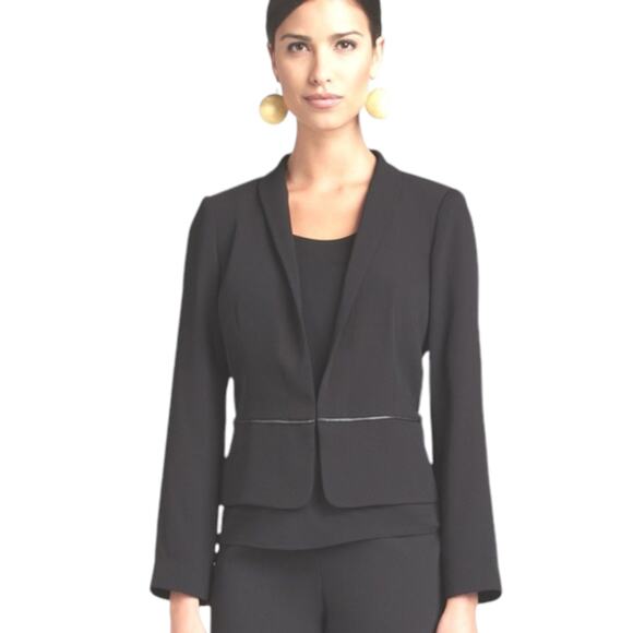 New Eileen Fisher Size 1X Tropical Suiting Eco Poly Leather Trim Jacket Black - Picture 14 of 15